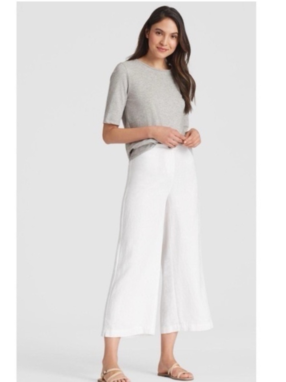 Eileen Fisher White Wide Leg Cropped Organic Linen Pants 14 Button Close Pockets